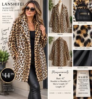 LANSHIFEI Women’s Leopard Print Faux Fur Coat Large Brown/Black/White Lined EUC